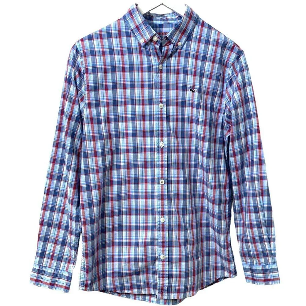 VINEYARD VINES Boys Large Plaid Shirt Blue Cotton Preppy Long Sleeve Button up